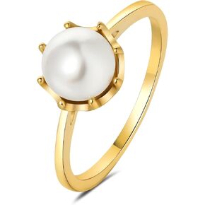Pearl Ring for Women, 18K Gold Plated Womens Gold Rings for Bride Wedding Engagement Band Birthday Gold Rings Size 5 to 9