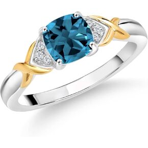 925 Sterling Silver and 10K Yellow Gold London Blue Topaz and White Lab Grown Diamond Engagement Ring For Women (1.21 Cttw, Cushion 6MM, Gemstone Birthstone, Available In Size 5, 6, 7, 8, 9)