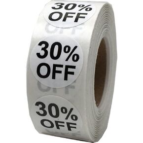 White 30% Percent Off Stickers for Retail 0.75 Inch 500 Adhesive Labels