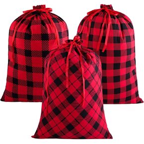 Aneco 3 Pack Christmas Cotton Buffalo Plaid Xmas Bags 23 by 17.5 Inches Large Size Drawstring Bag Stocking Storage Sack Present Party Favors Bags