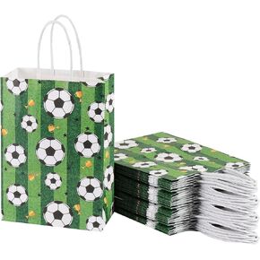 piqiya 24Pcs Soccer Party Favor Paper Bags, Football Themed Party Bags with Handles,Gift Bags for Kids Adults Birthday Party Supplies（8.26×5.9×3.14inch）