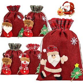 HRX Package 3D Christmas Gift Bags, 16x11 10.5x8 inch Xmas Drawstring Wrapping Bags, 5pcs Holiday Gift Pouches Goodie Bags for Presents, Stocking Stuffers
