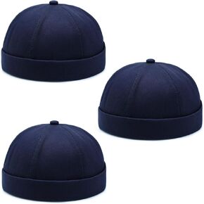 3 Pack Mens Brimless Skullcap Sailor Docker Cap Rolled Cuff Retro Beanie Hat