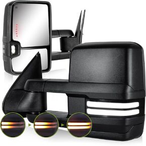 Switchback Towing Mirrors for 2003-2007 Chevy Silverado Tow Mirrors GMC Sierra Side Mirrors with Dynamic Turn Signal&Running Light Backup Lamp Power Heated Extendable Pair Set(Paint Black)
