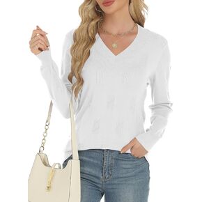 Buauty Womens 2024 Fashion V Neck Long Sleeve Knitted Ribbed Pullover Sweaters Casual Lightweight Loose Fit Jumper Tops