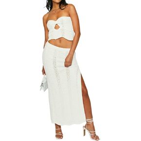 Womens 2 Piece Outfits Skirt Set Knit Tube Crop Top High Slit Bodycon Maxi Dress Y2K Going Out Vacation Set