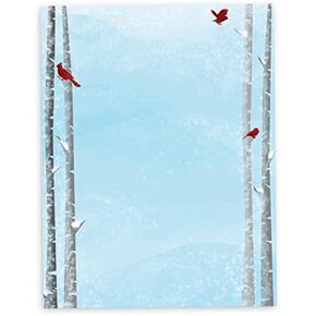 Snowy Birch Trees with Red Cardinals Christmas Stationery Paper 8.5 x 11-60 Sheets Pack Christmas Letter Paper