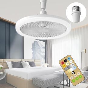 Ceiling Fan with Lights and Remote - Small Ceiling Fan Light 10 inch Bladeless Screw in Socket Fan Dimmable 3 Colors LED Lights E27 Base Mini Fandelier Ceiling Fan for Bedroom Indoor White