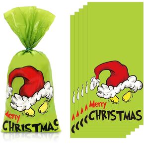 JarThenaAMCS 100Pcs Christmas Cellophane Treat Bags with Twist Ties Green Funny Cartoon Character Party Gift Bags Plastic Candy Goodie Bags for Xmas Snack Cookie Packing