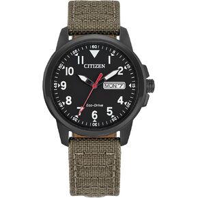 Citizen Men's Eco-Drive Weekender Garrison, Black Stainless Steel Watch, Khaki Leather Strap, 3 Hand, Day/Date (Model: BM8186-07E)