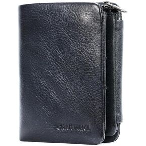 Men's Buckle zipper genuine leather wallet, large capacity 13card slots, Driver's license, multifunctional coin pocket (Vegetable tanned leather black)