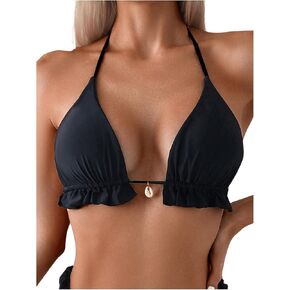 SOLY HUX Women's Halter Bikini Tops Frill Trim Triangle Bathing Suit Swimsuit Tops