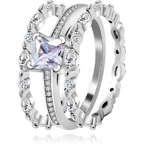 Uloveido 925 Sterling Silver Square Solitaire Ring and Milgrain Eternity Bands Marquise Round CZ Stack Bridal Rings Set for Women