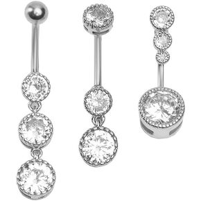 3Pcs 14G Stainless Steel Dangle Belly Button Rings Cubic Zirconia Heart Star Round Belly Navel Barbell Rings Belly Piercing Jewelry for Women