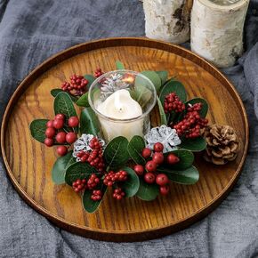 مجموعة من 2، حلقات شموع عيد الميلاد، صنوبر صناعي مع التوت الأحمر لعمود عيد الميلاد، أكاليل شموع دائرية مقاس 7.62 سم، حلقة ديكور حامل شموع احتفالية لطاولة عيد الميلاد in Kuwait