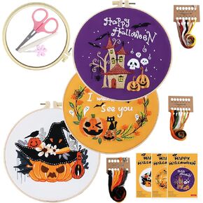 Esholife Embroidery kit Halloween for Beginners Adults Pumpkin Maple Leaf Pattern DIY Starter 3pcs Embroidery Needlepoint Kit with Embroidery Hoop Thread Needle for Halloween Craft Lover