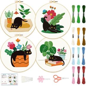 BEUNITONE 4 Set Kitten and Plant Embroidery Kit for Beginenrs Hand Sewing Embroidery Kits with Cat Pattern Needlepoint Kit with Kitten Pattern Colourful Threads Needles Instructions
