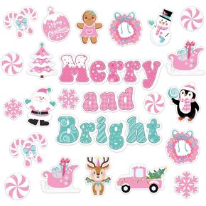 Christmas Paper Cutouts Pink Santa Snowman Cartoon Cut-Outs Merry and Bright Bulletin Board Decoration Set with 100Pcs Glue Points for Xmas Winter Party Classroom, 46Pcs