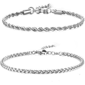 2 Pcs Chain Bracelet 925 Sterling Silver Bracelet for Men 7-9inch Figaro Rope Cuban Link Bracelet Set for Men Husband