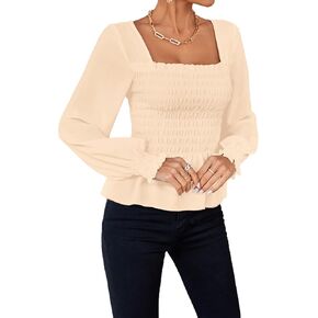 Umenlele Women's Square Neck Ruffle Frill Smocked Long Sleeve Peplum Blouse Top