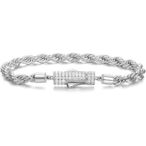6mm Stainless Steel Iced Out Rope Bracelet 14K White Real Gold Plated with Lab Diamond Clasp Hypoallergenic Hip Hop Jewelry For Men Women with Gift Box (WG,8in)