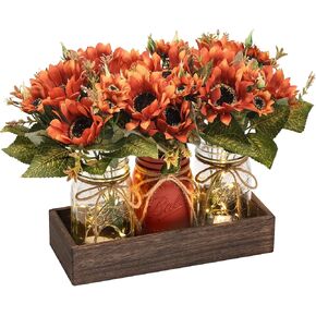 3 Pcs Fall Mason Jar Centerpiece Table Decorations for Dining Table Decor Farmhouse Coffee Table Decor with Wood Tray and Led Light Table Centerpieces for Dining Room Kitchen Living,Orange