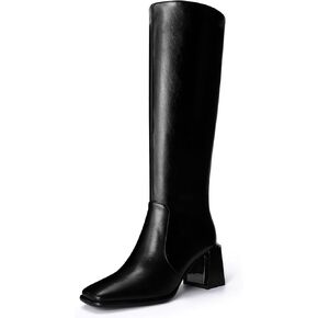 Women's Knee High Boots Block Metal Heel Square Toe Side Zipper Soft PU Leather Classic Fashion Dress Long Boots