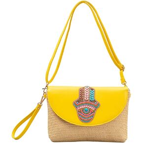 احصل على محافظ بمقبض من القش، حقيبة كروس للعطلات الصيفية على الشاطئ للنساء، حقائب يد بمحفظة على شكل ظرف منسوجة in Kuwait