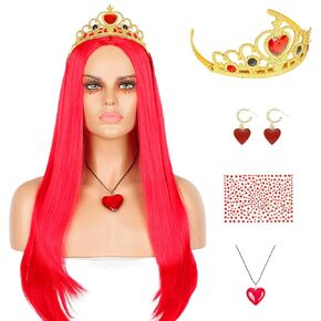 Long Red Wig for Cosplay Center Part Straight Red Wig with Accessories for Halloween Costume Red and Black Crown Earrings Necklace Sticker