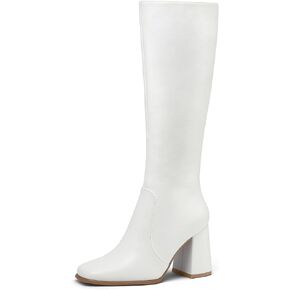 mysoft Women's Knee High Boots Block Chunky Heel Square Toe Tall Boots Side Zipper Long Dress Boots