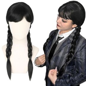 Wednesday Wig Long Black Braided Wig Braids Wig Pre-Braided with Bangs Halloween Gothic Cosplay Costume Synthetic Natural Pigtails Wig for Women Girls Halloween Party Daily Dress Up