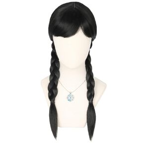 Womens Wig Black Long Straight With 2 Braids Halloween Costume Party Wigs