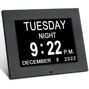 KASTISS 8 inch Black Digital Calendar Day Clock-Extra Large Impaired Vision Digital Clock, Clock for Elderly,Programmable Medication Reminder, Hourly Chime (Black)