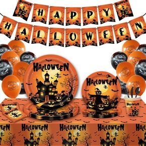 Kids party 114 Pieces Halloween Pumpkin Ghost Tableware Party Supplies - Disposable Dinnerware Set with Paper Plates, Napkins, Forks for Spooky Halloween , Birthday Decorations(Orange)