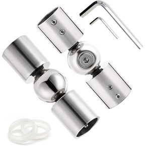 Corner Curtain Rod Connector, Heavy Duty Hinged Elbow Connector Stainless Steel Adjustable Corners Rod Connectors for Bay Window 1 Inch Curtain Rod, Silver White 2 Pcs