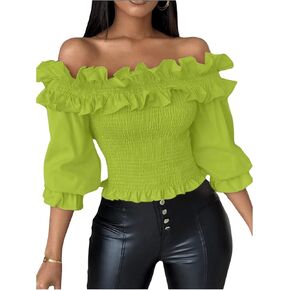 Floerns Women's Ruffle Trim Off Shoulder Flounce Sleeve Shirred Blouse Top