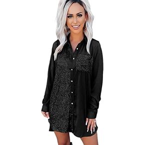 Meufam Women Fashion Sequins Long Sleeve Shirt Solid Button Down Lapel Collar Glitter Sparkle Disco Tunic Tops Blouses