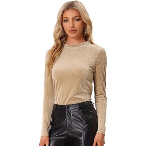 Allegra K Women's Casual Velvet Top Mock Neck Long Sleeve Ribbed Velour Blouse