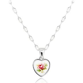 Antique Heart Pendant Necklace with Mirror Chain • Vintage Red Rose Flower Acrylic Resin Pendant • Oval Link Lip Chain Jewelry Gifts [HN-A-S]