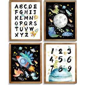 ZHAXFA ABC Alphabet Space Poster,Dinosaur Nursery Decor,Dinosaur Alphabet Numbers Theme Educational Poster,(8"X10"inch) Wall Art for Kids Room Nursery Classroom Decor Set Of 4 Unframed ﻿