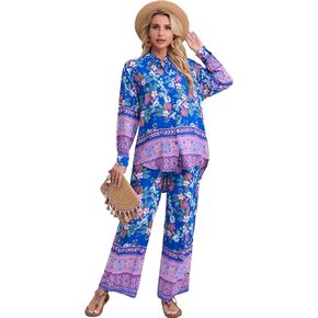 Women Bohemian Printed 2 Piece Long Sleeves Outfit Button Down Shirt Drawstring Wide Leg Pants Sets