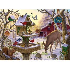 Bits and Pieces – 100 Piece Jigsaw Puzzle for Adults – Sunrise Feasting - Winter Barn Deer Jigsaw Puzzle by Liz Goodrick - Dillon, Completed Puzzle Size: 15" x 19"