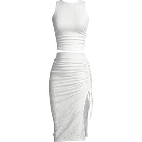 SOLY HUX Women's Summer Skirt Set Sleeveless Cropped Tank Tops and Bodycon Slit Midi Skirt Matching Set