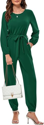 JASAMBAC Womens Jumpsuits Dressy Casual One Piece Crewneck Long Sleeve High Waist Stretchy Long Pants Rompers with Pockets in Saudi Arabia