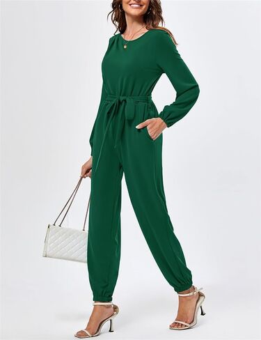 JASAMBAC Womens Jumpsuits Dressy Casual One Piece Crewneck Long Sleeve High Waist Stretchy Long Pants Rompers with Pockets in Saudi Arabia