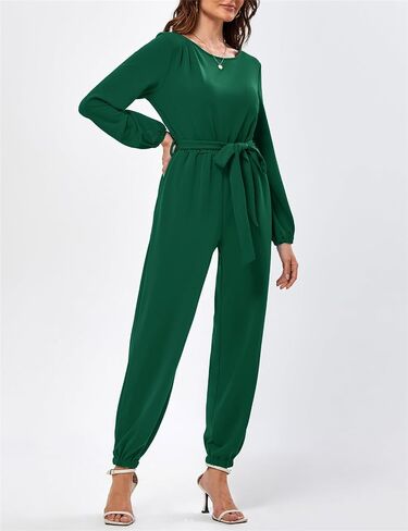 JASAMBAC Womens Jumpsuits Dressy Casual One Piece Crewneck Long Sleeve High Waist Stretchy Long Pants Rompers with Pockets in Saudi Arabia