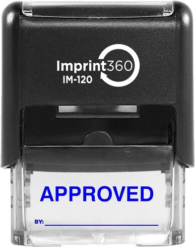 AS-IMP1114B - Approved Stamp with by: Line, Blue Ink, Heavy Duty Commerical Self-Inking Rubber Stamp, 9/16" x 1-1/2" Impression in Kuwait