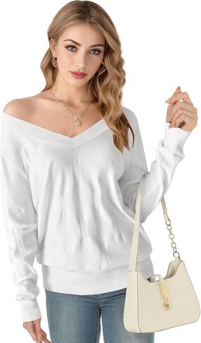 Buauty Womens 2024 Fashion V Neck Long Sleeve Knitted Ribbed Pullover Sweaters Casual Lightweight Loose Fit Jumper Tops in Saudi Arabia