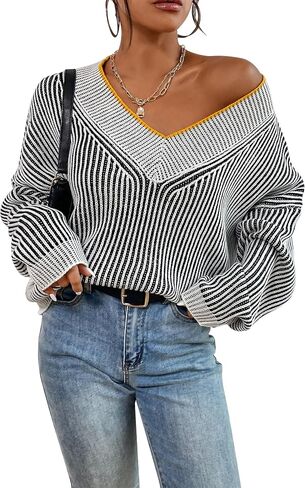 Cakulo Womens Fall 2024 Oversized Striped V Neck Sweaters Long Sleeve Knit Color Block Trendy Pullover Sweater Top in Saudi Arabia