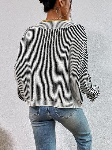Cakulo Womens Fall 2024 Oversized Striped V Neck Sweaters Long Sleeve Knit Color Block Trendy Pullover Sweater Top in Saudi Arabia